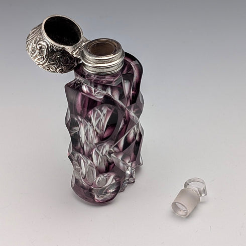 Antique British 800 Silver Lid Purple Cut Glass Portable Perfume Bottle